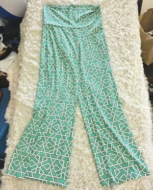 White Mark Geometric Palazzo Pants XL Green White Wide Leg Foldover Waist Artsy